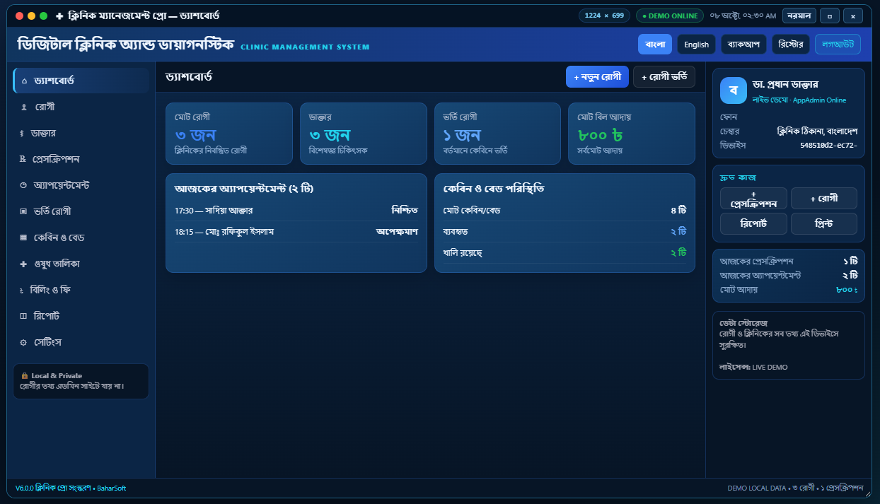ক্লিনিক ম্যানেজম্যান্ট dashboard