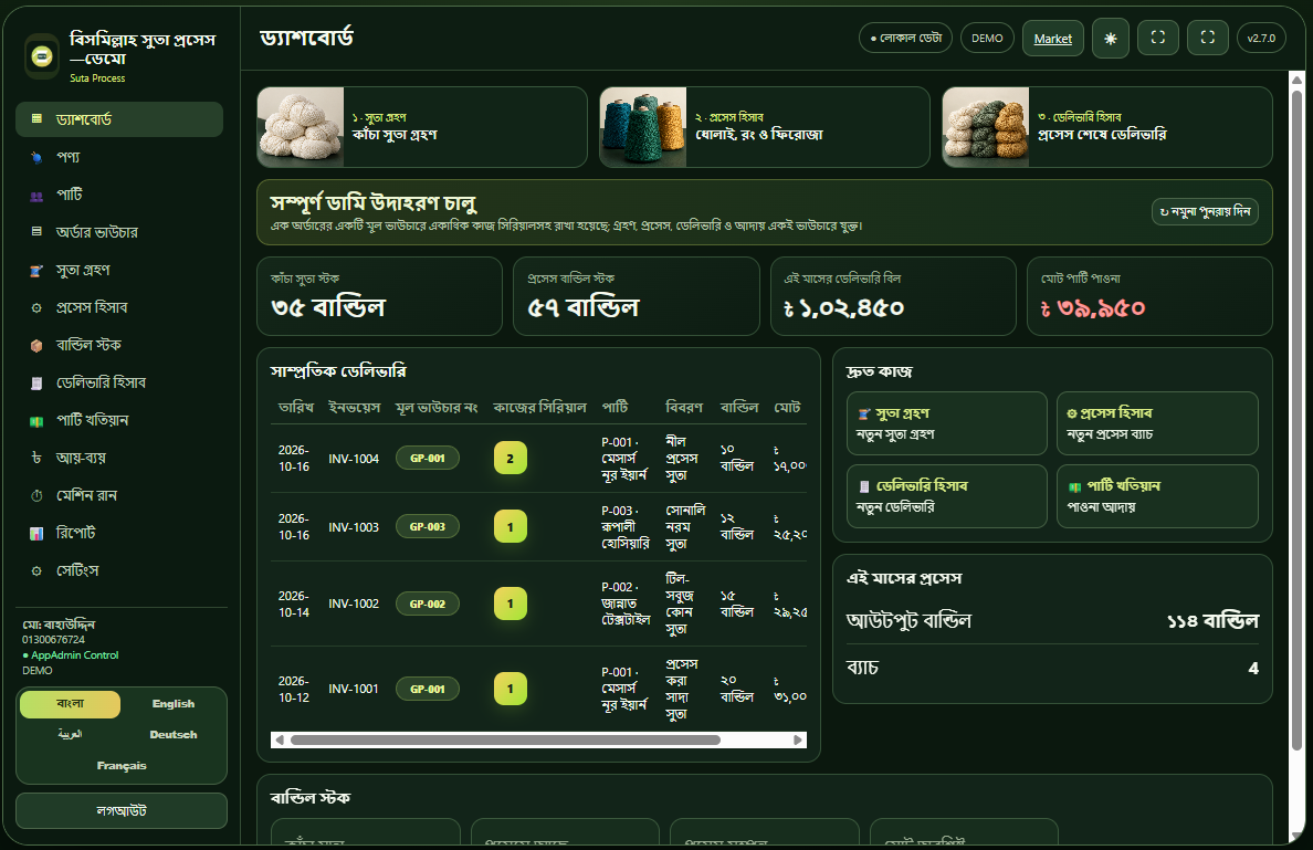 সুতা প্রসেসিং ম্যানেজম্যান্ট dashboard